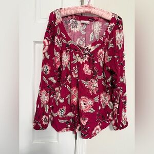 LOFT Raspberry Floral V-Neck Long Sleeve Blouse
